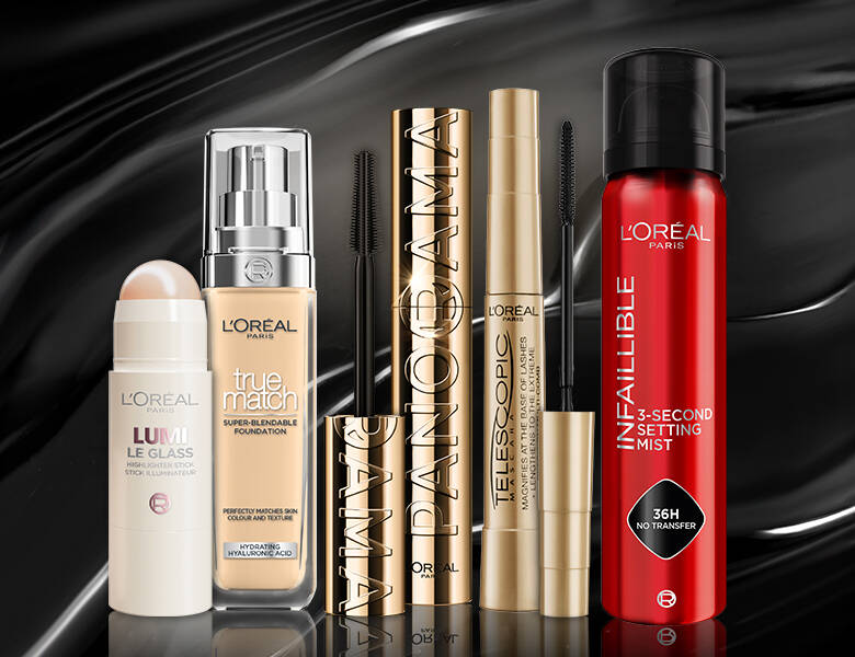 Her ses fem L'Oréal Paris produkter med sort baggrund.