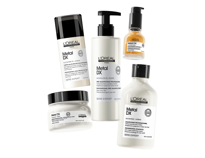 Her ses en hvid baggrund med fem forskellige L'Oréal Professionnel produkter.