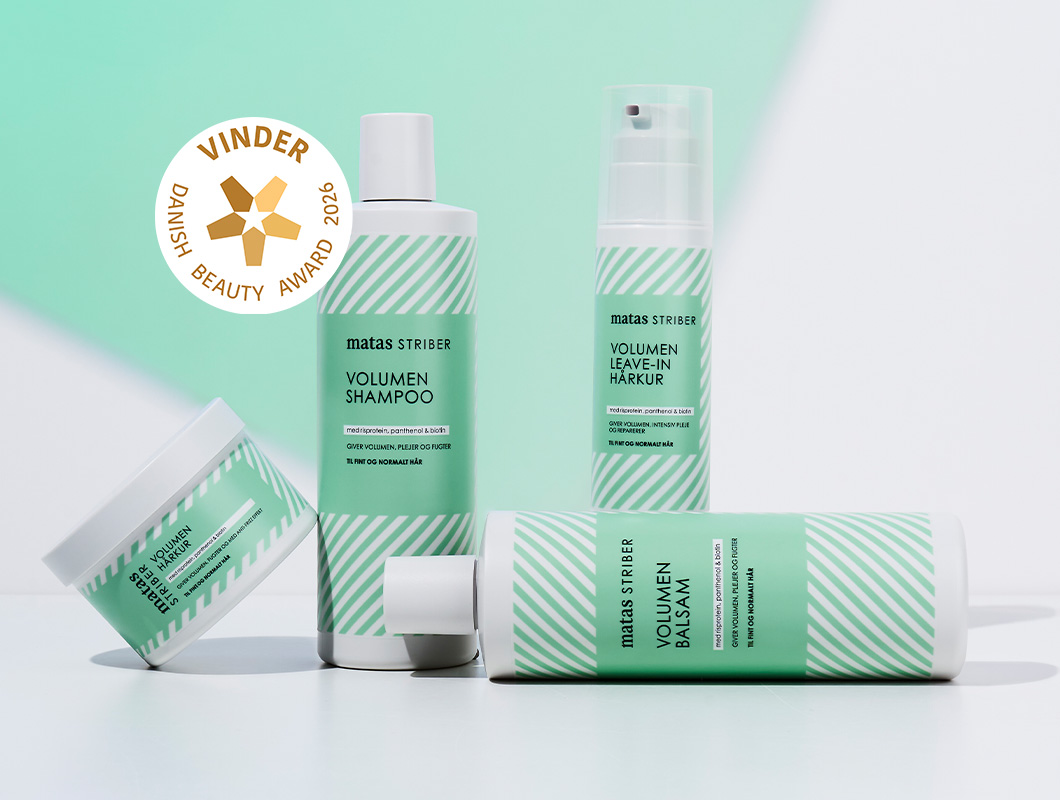 Her ses Matas Striber hårplejeprodukter i grøn og hvid emballage på en lys baggrund med et Danish Beauty Award 2026 mærke.