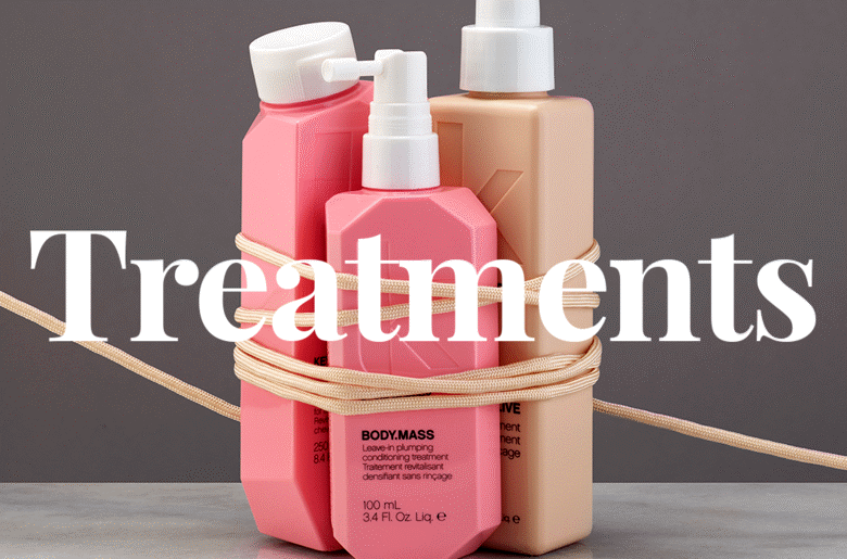 Her ses "Treatments" i hvid foran tre produkter på en grå baggrund.