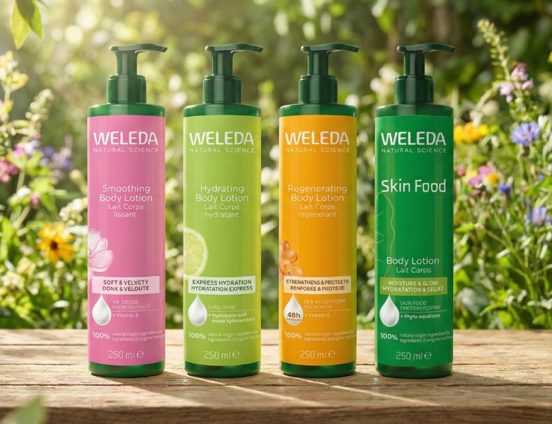 Fire forskellige body lotion-flasker fra WELEDA står på et træbord foran en grøn, blomstrende naturbaggrund.