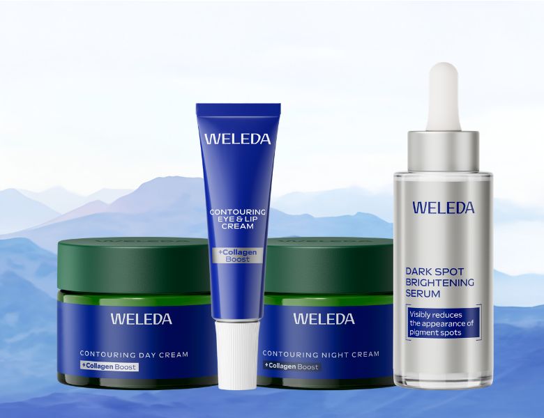 Hudplejeprodukter fra WELEDA: dagcreme, natcreme, øjencreme og serum foran en stiliseret baggrund med blå bjerge.