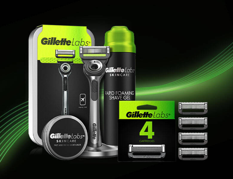 Her ses forskellige Gillette produkter i grøn og sort - baggrunden er i tilsvarende farver.