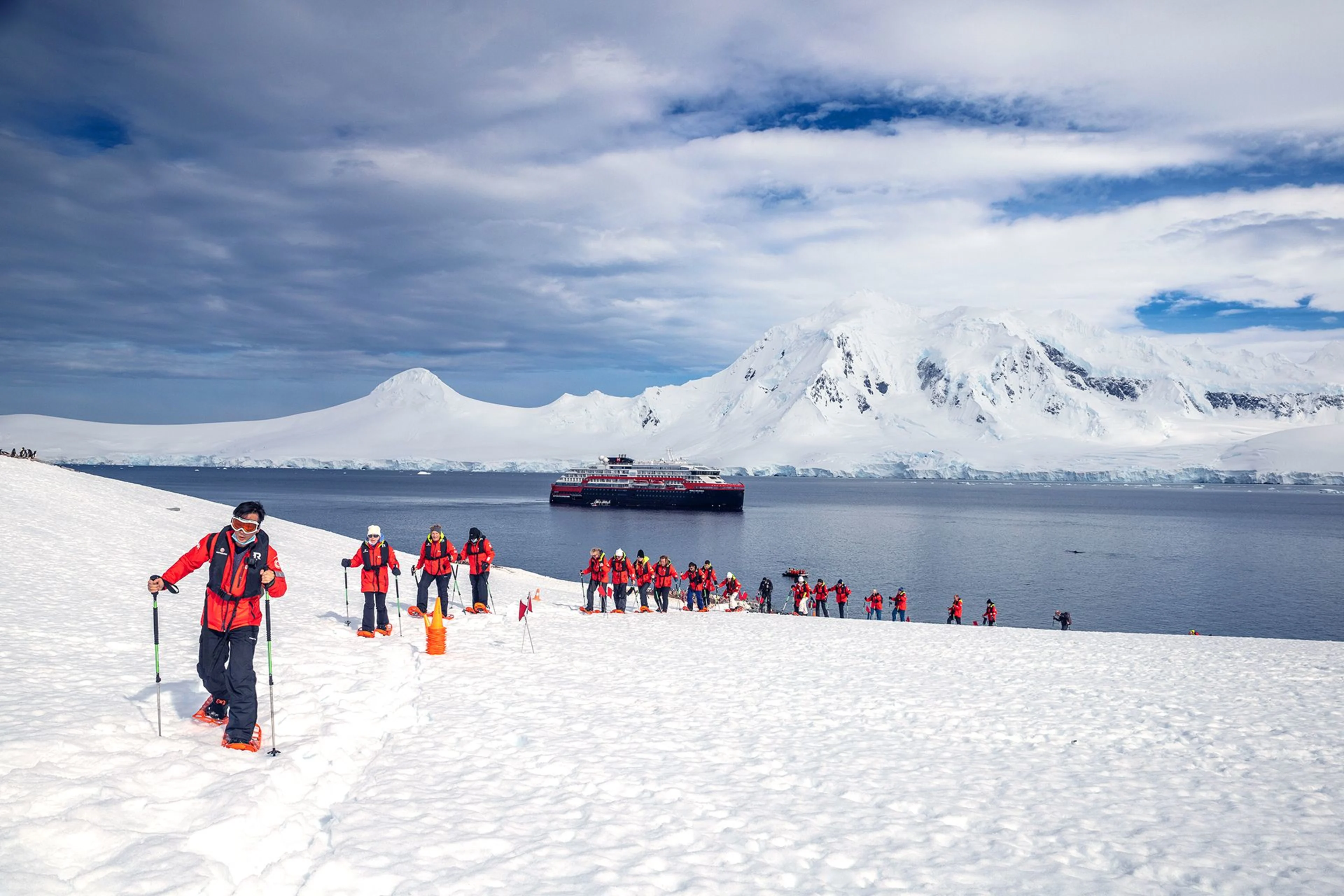 Guests set off on a hiking excursion from MS Roald Amundsen, in Damoy Point, Antarctica. Photo: Oscar Farrera