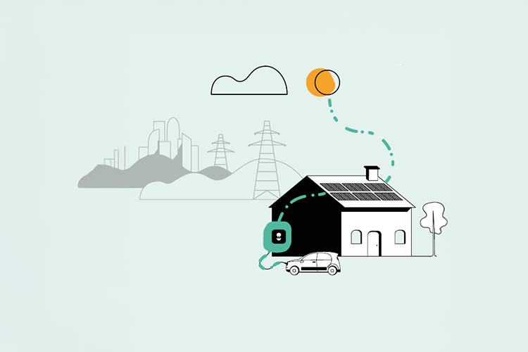 Illustratie van een huis met zonnepanelen die een elektrische auto van energie voorzien, met een stadslandschap en elektriciteitslijnen op de achtergrond, wat het gebruik van hernieuwbare energie symboliseert.