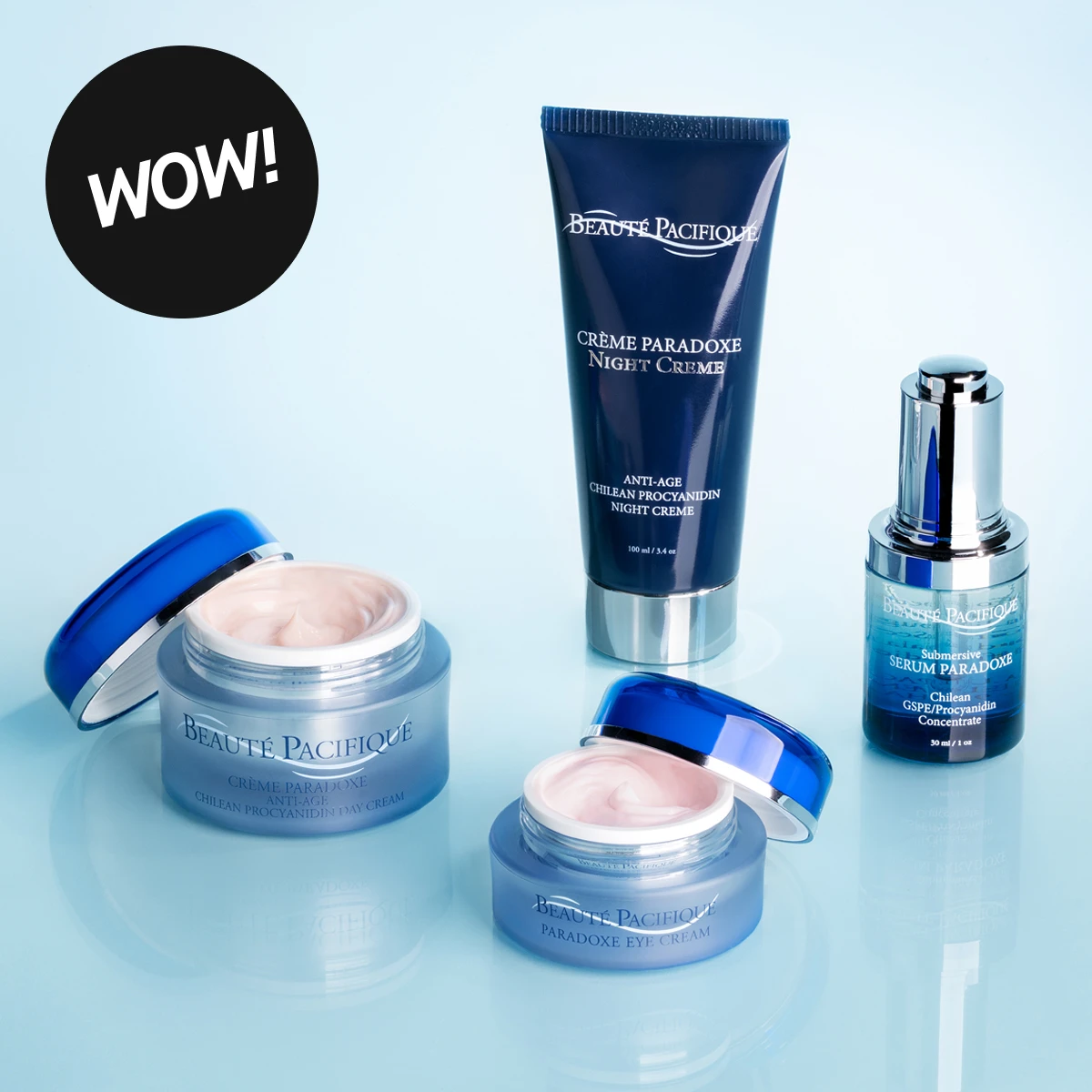 Beauté Pacifique hudpleie mot lys blå bakgrunn med merket «WOW!». Produktene Crème Paradoxe Anti-Age Day Cream, Crème Paradoxe Night Crème, Paradoxe Eye Cream og Submersive Serum Paradoxe vises med åpne kremkrukker og serumflaske.