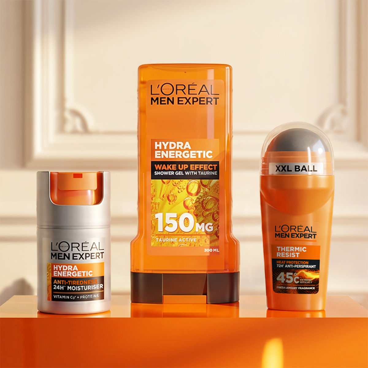 L’Oréal Men Expert Hydra Energetic -ihonhoito- ja vartalotuotteita vaalealla taustalla.