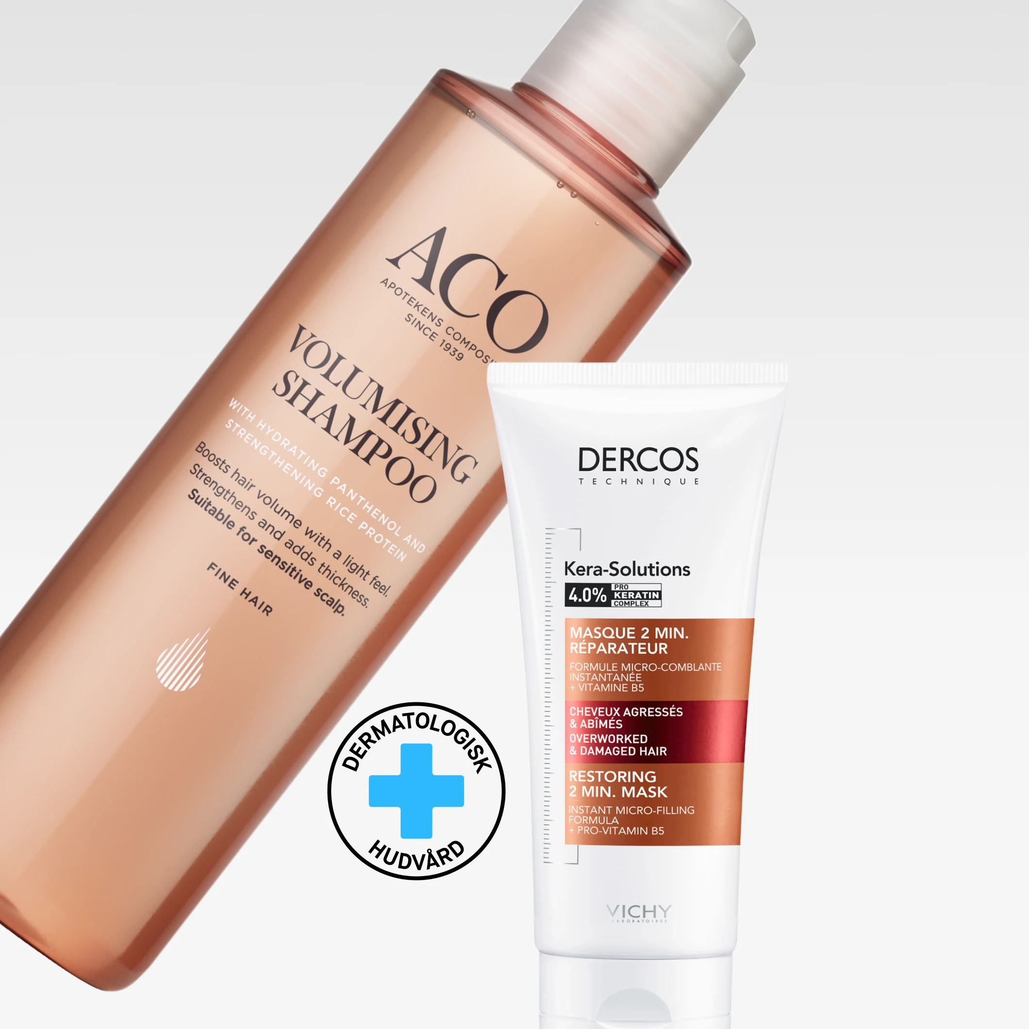 ACO Volumising Shampoo för fint hår tillsammans med Vichy Dercos Technique Kera-Solutions Restoring 2 Min. Mask mot ljusgrå bakgrund. På förpackningarna syns texterna ”ACO”, ”VOLUMISING SHAMPOO”, ”FINE HAIR”, ”DERCOS TECHNIQUE”, ”Kera-Solutions 4.0% PRO KERATIN COMPLEX” och ”RESTORING 2 MIN. MASK”, samt symbolen ”DERMATOLOGISK HUDVÅRD”.