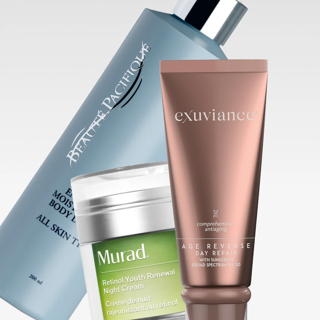 Ammattimaisia ihonhoitotuotteita: Beauté Pacifique Enriched Moisturizing Body Lotion kaikille ihotyypeille, Murad Retinol Youth Renewal Night Cream ja Exuviance Comprehensive Antiaging Age Reverse Day Repair, jossa on aurinkosuoja SPF 30.