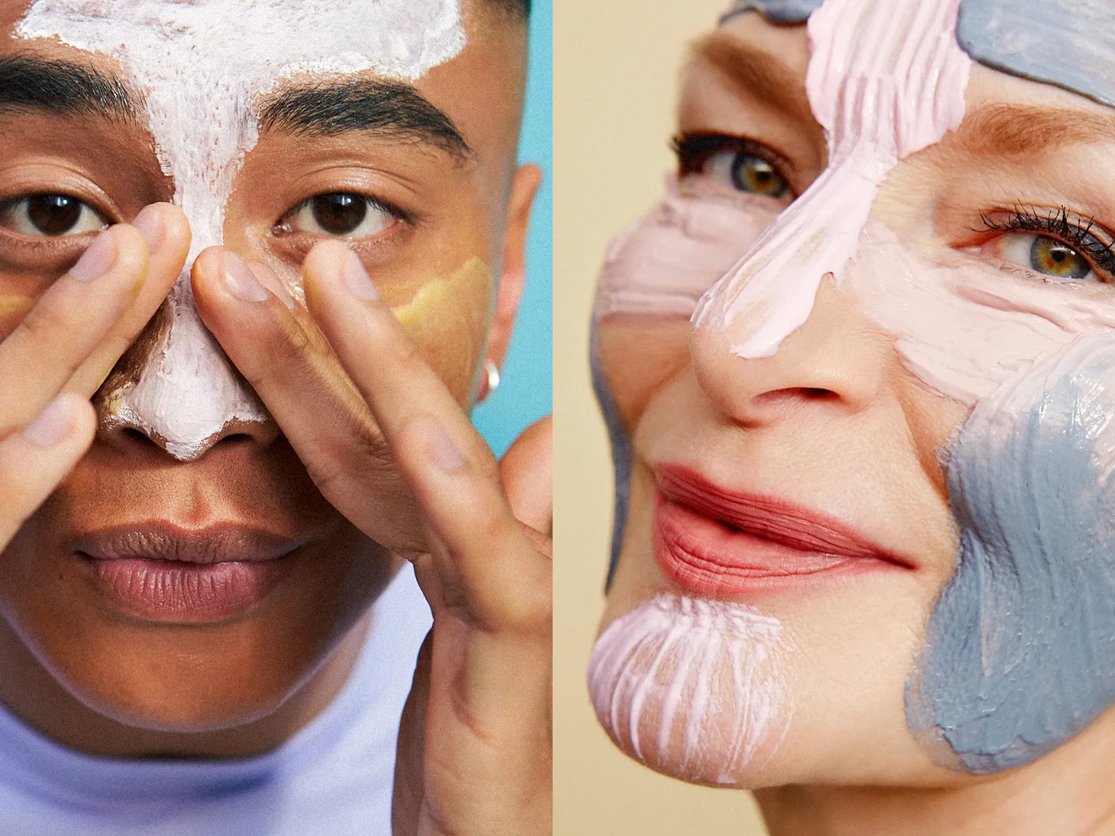 To personer påfører fargerike ansiktsmasker på ulike deler av ansiktet, et tegn på multimasking.