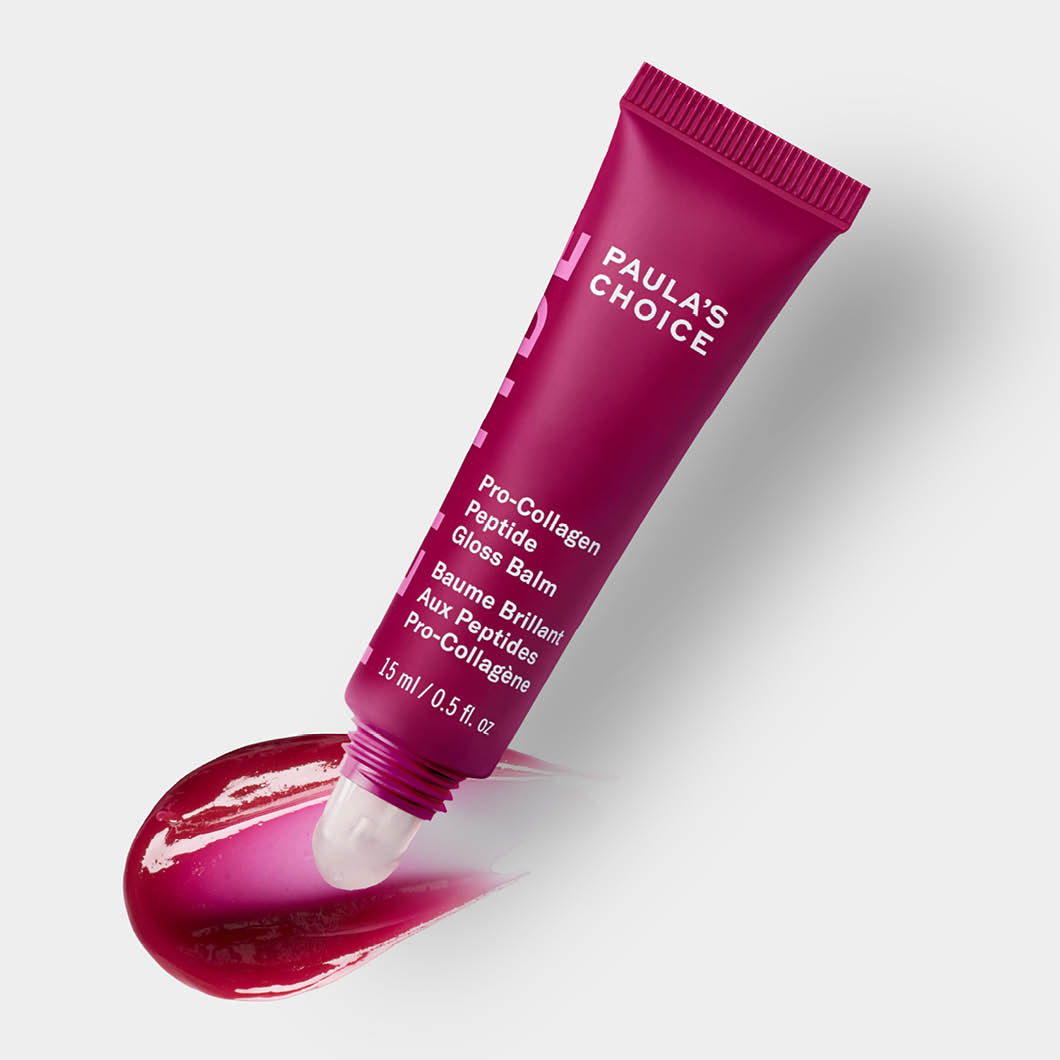 Paula’s Choice Pro-Collagen Peptide Gloss Balm rosa leppeglans med blank finish på lys bakgrunn.