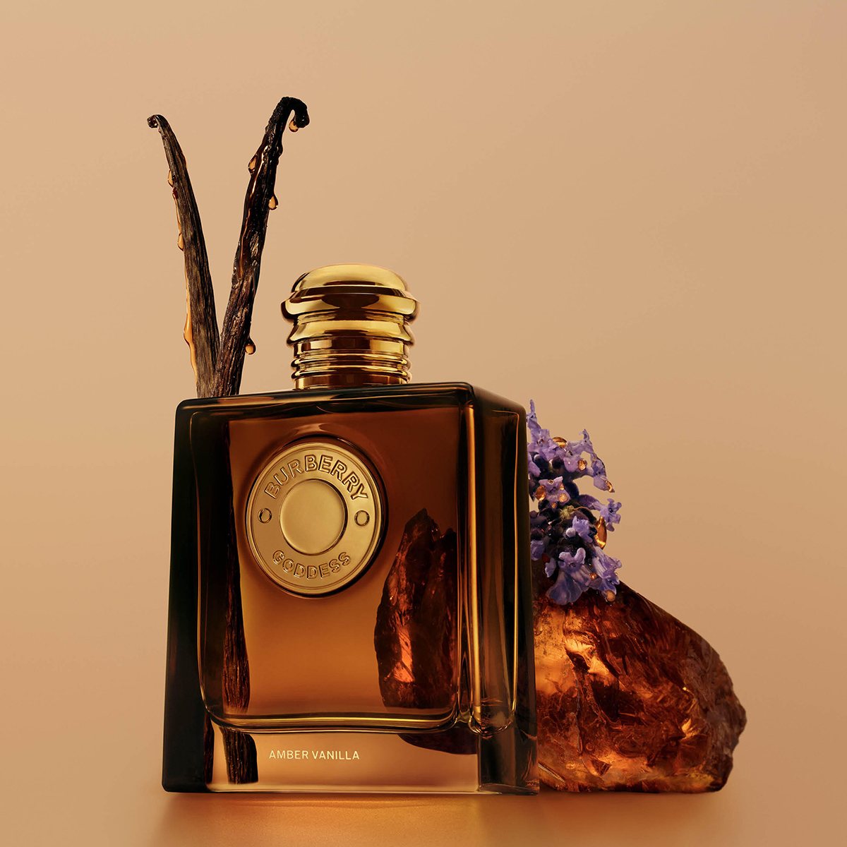 Burberry Goddess Amber Vanilla parfyme i en mørk ravfarget flaske med gullfargede detaljer, omgitt av vaniljestenger, lilla blomster og en ravfarget stein. Teksten «BURBERRY GODDESS» og «AMBER VANILLA» vises på flasken.