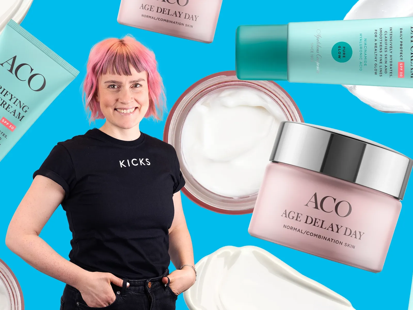 KICKS-medarbetare med rosa hår framför blå bakgrund omgiven av ACO-ansiktskrämer.