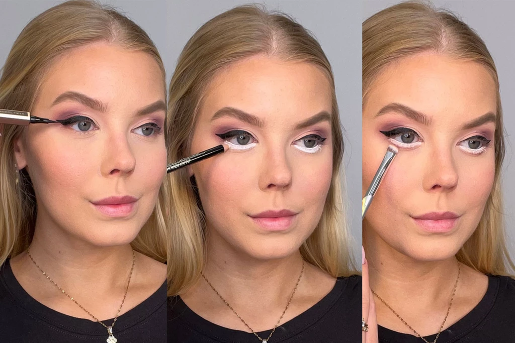 Vaiheittainen eyeliner-opastus, jossa nainen käyttää siipimäistä eyelineria, lisää valkoisen rajauksen alaviivaansa ja häivyttää luomivärin alaripsirajaan.
