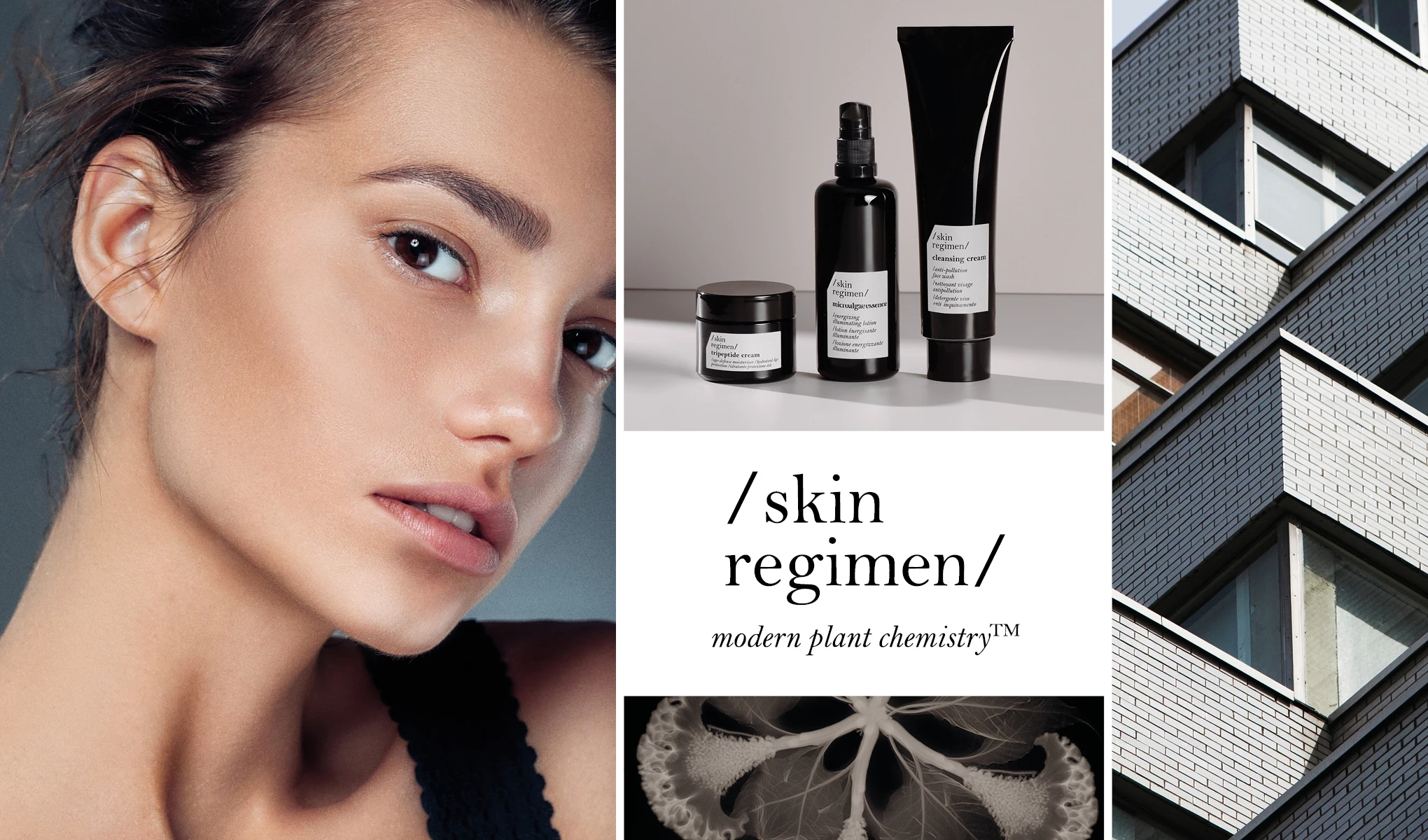 Kollaasikuva, jossa on ihonhoitotuotteita /ihonhoito/ valkoiselle pinnalle sijoitettuna. Pakkaukset ovat purkki, pumppupullo ja tuubi. Tuotteiden alle on sijoitettu teksti ”/skin regimen/ modern plant chemistry™”. Vasemmalla on osa naisen kasvoista ja kaulasta, ja oikealla on kuva modernista rakennuksesta.
