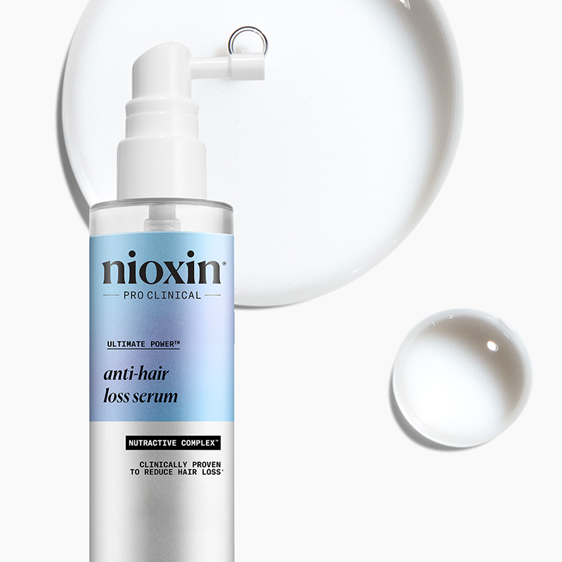 Nioxin Pro Clinical anti-hårtap serum med hvit pumpe og blå etikett.