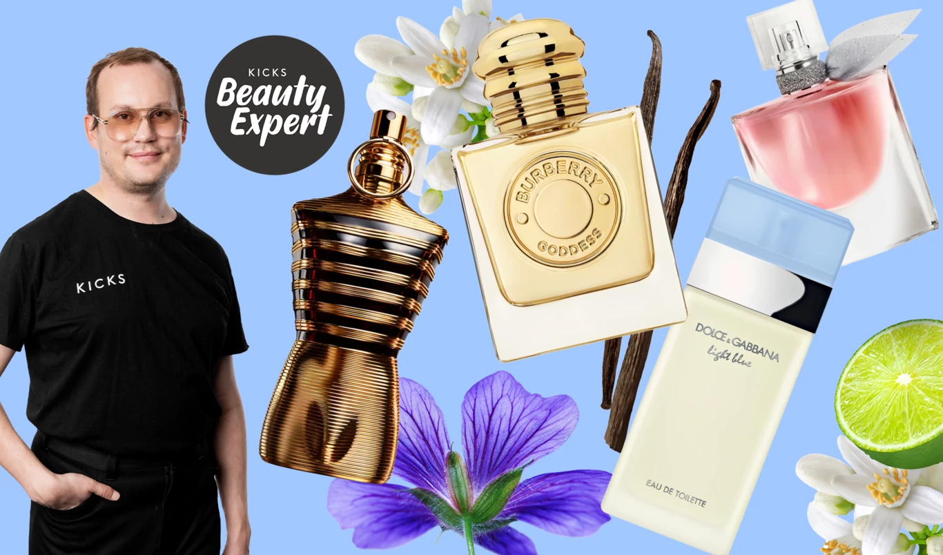Collage av lyxiga parfymer med inslag av blommor och citrusfrukter, med en skönhetsexpert i svart KICKS-skjorta.