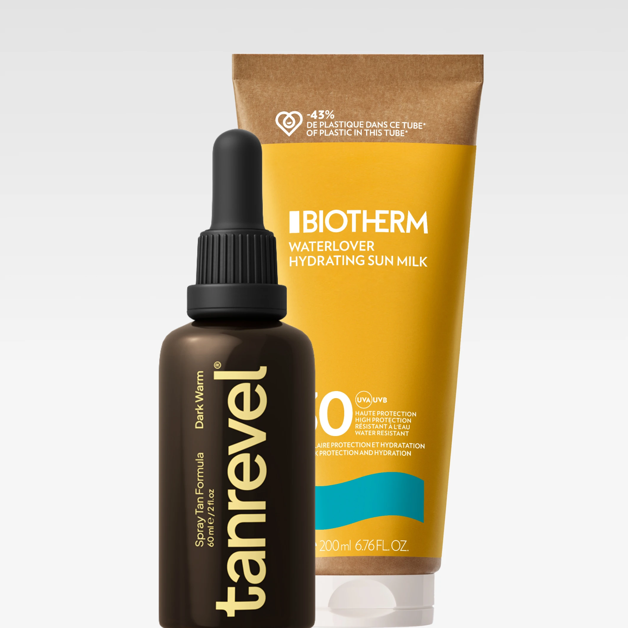 Tanrevel Spray Tan Formula “Dark Warm” 60 ml foran Biotherm Waterlover Hydrating Sun Milk SPF 30 med teksten “High Protection”, “UVA UVB” og “200 ml / 6.76 FL.OZ”.