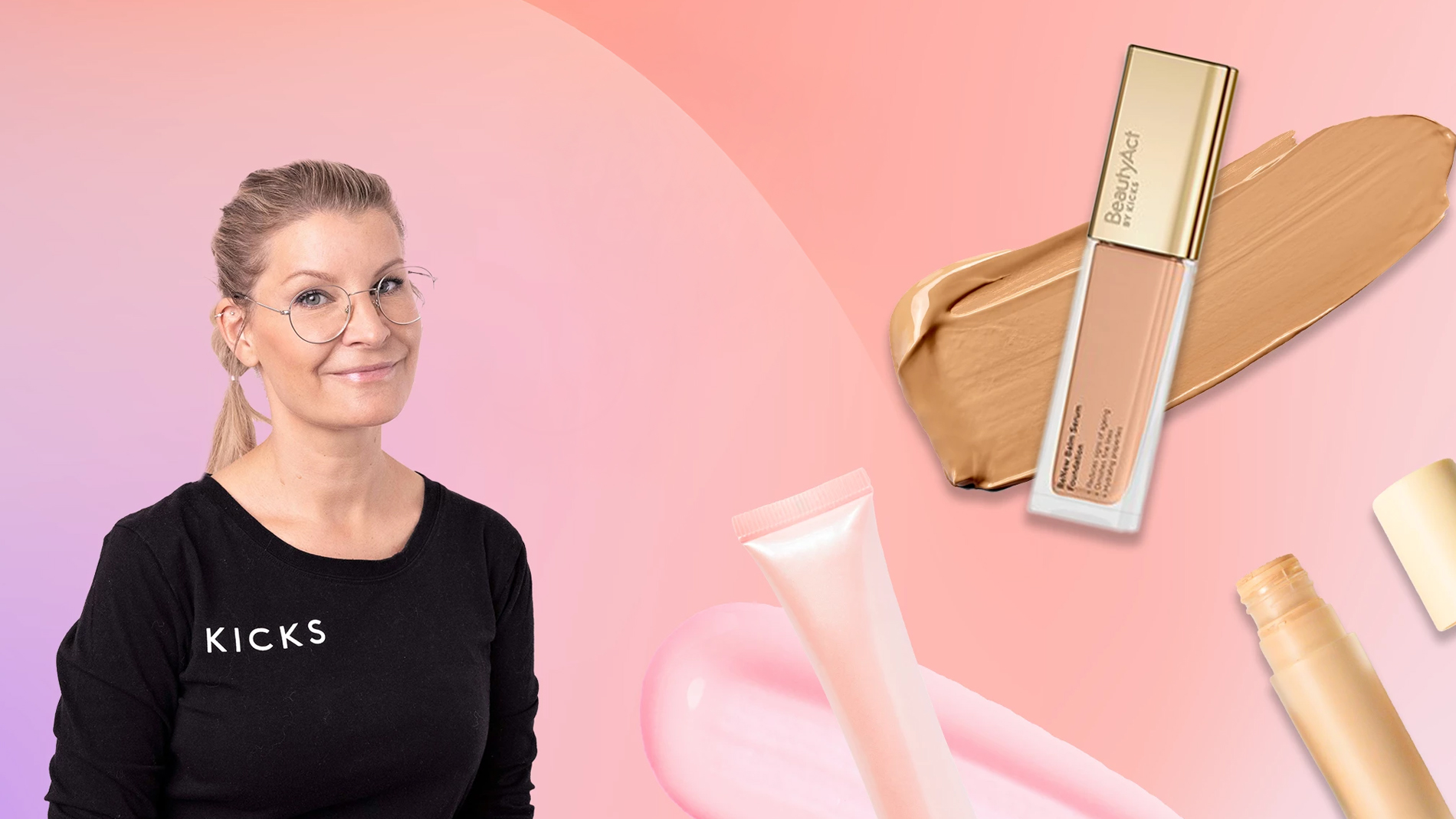 Meikkitaiteilija Åsa vaaleanpunaisen sävyistä taustaa vasten ja pari ihonhoitotuotetta kollaasimuodossa.