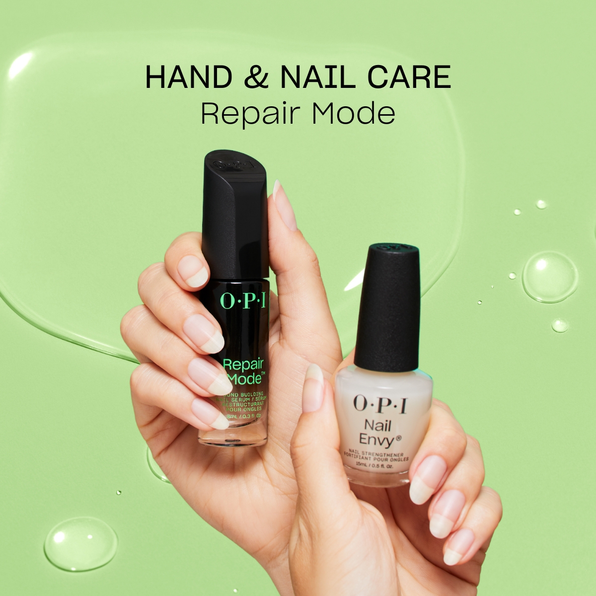 Två händer som håller i två nagelvårdsprodukter från märket OPI. Bakgrunden är ljusgrön och texten "Hand & Nail Care Repair Mode" står ovanför produkterna.