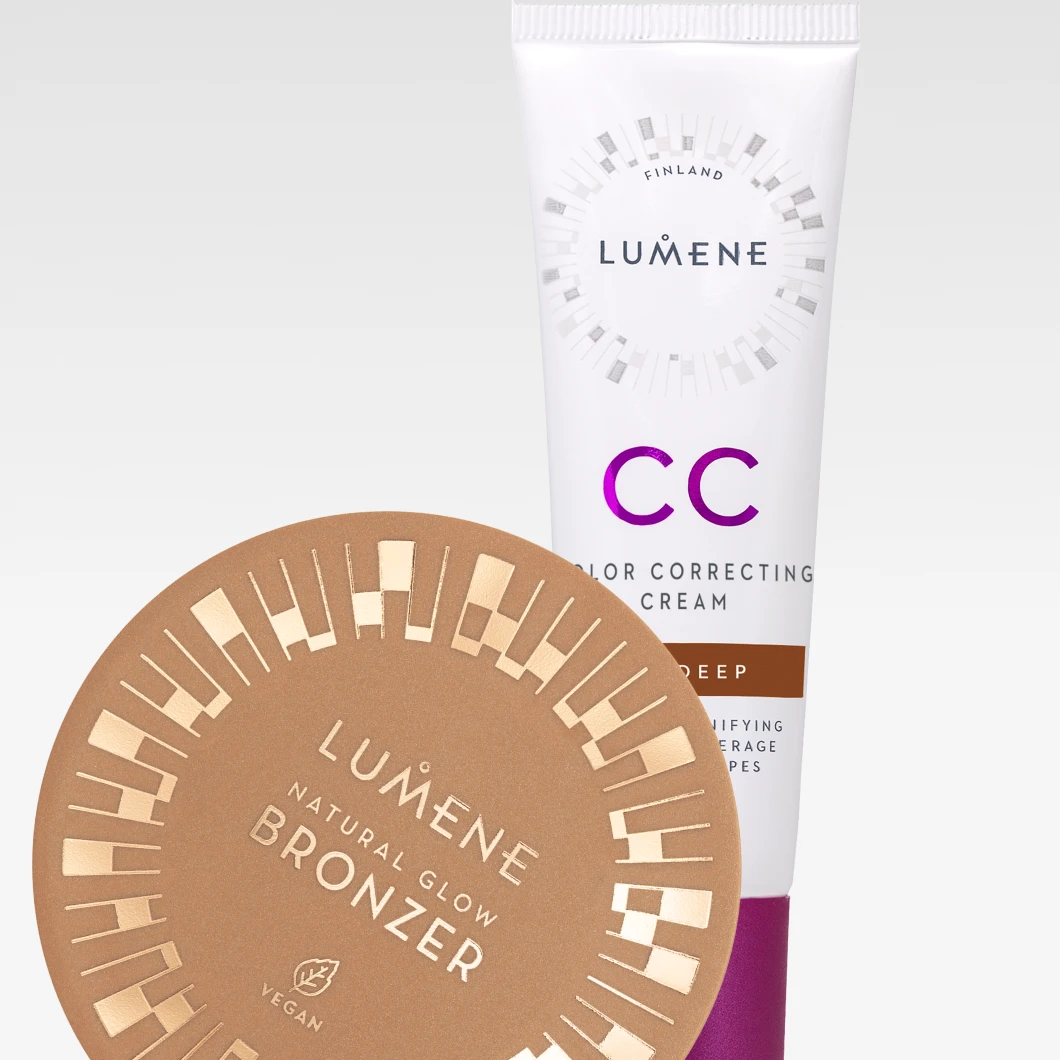 Bilde som viser to Lumene produkter: en brun boks med Lumene Natural Glow Bronzer og en hvit tube med Lumene CC Color Correcting Cream. Bakgrunnen er hvit.