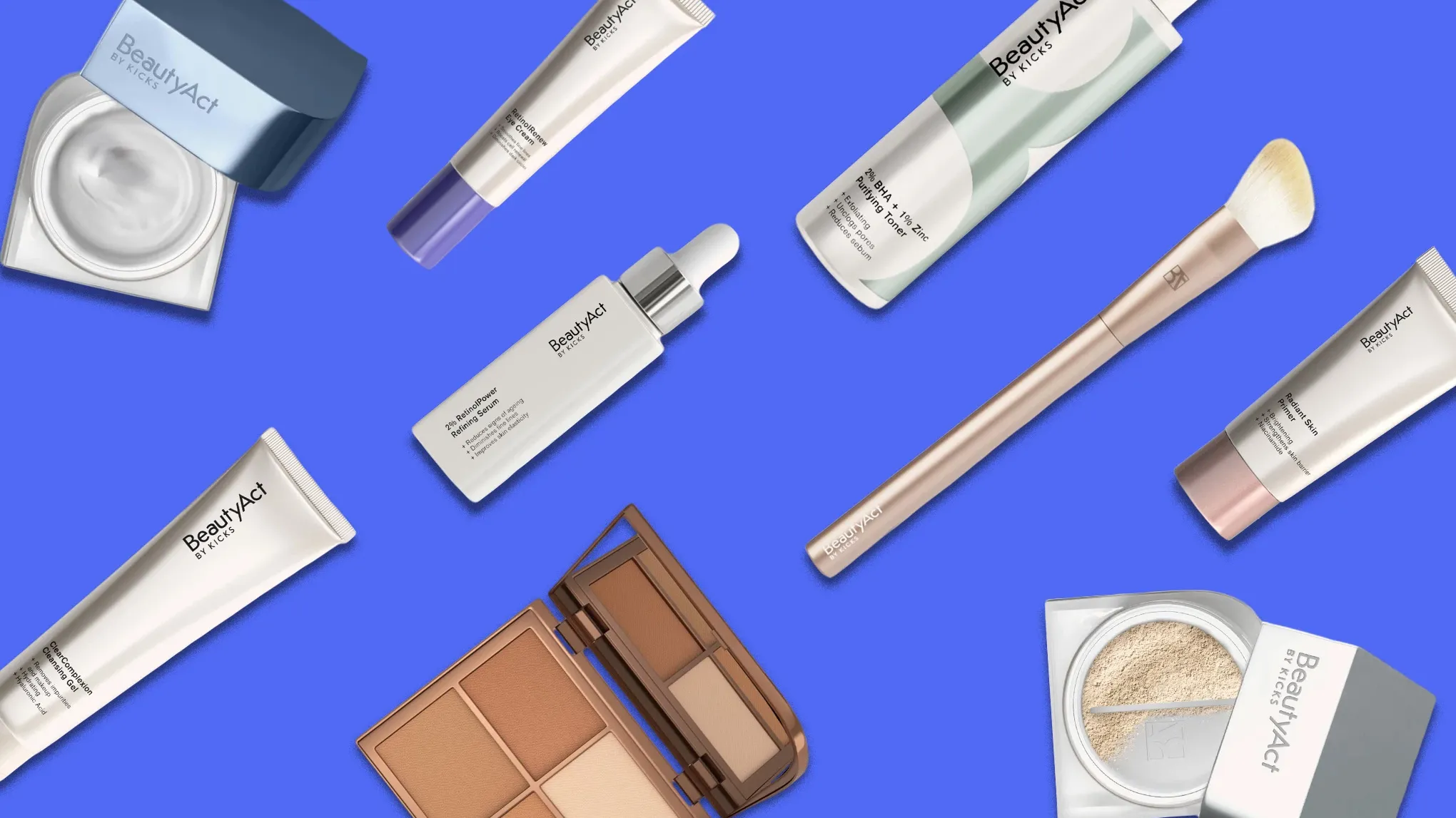 Kokoelma BeautyAct by Kicks -kauneustuotteita, mukaan lukien voiteet, seerumit, kasvovesi, meikkisivellin ja paletti, sinistä taustaa vasten.