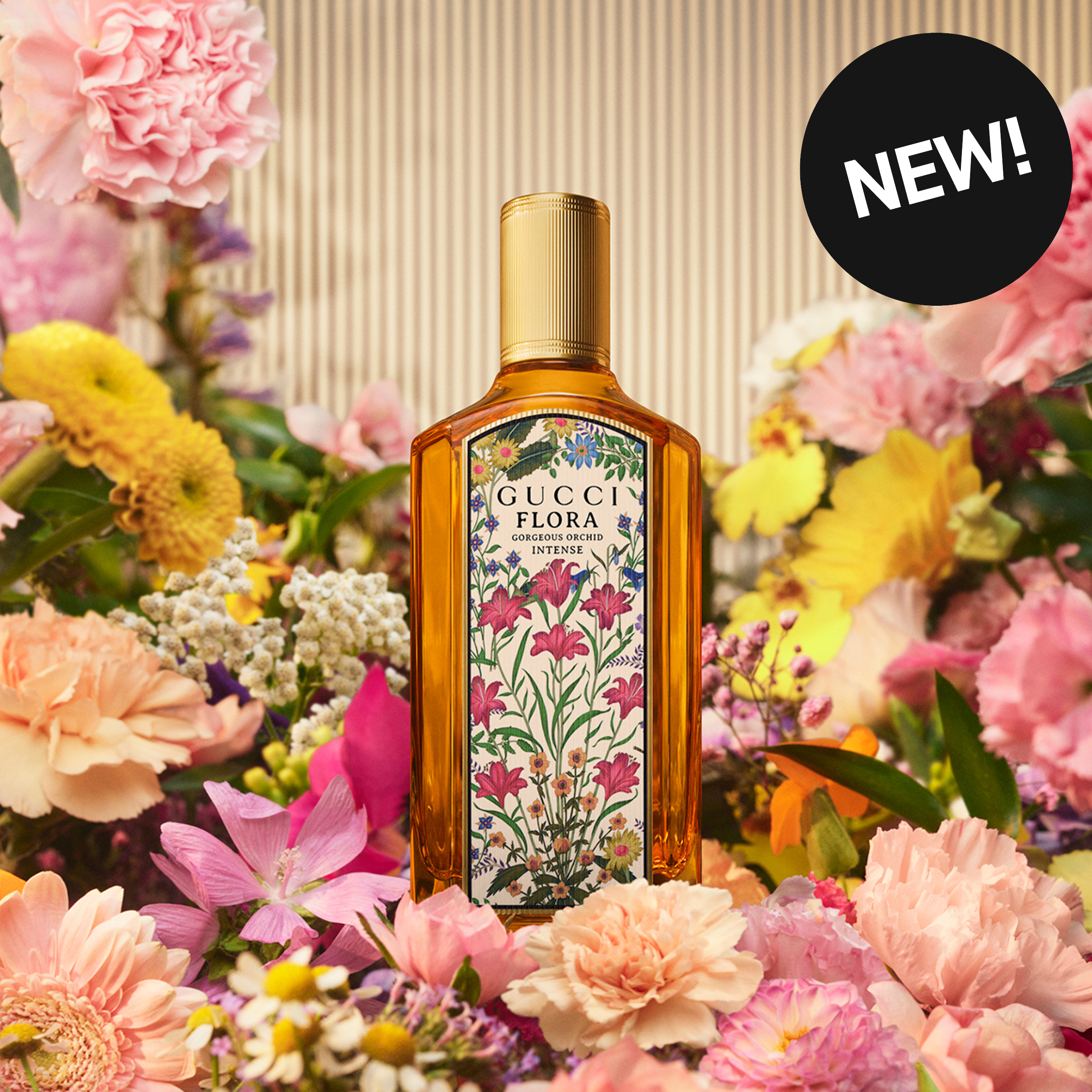 Gucci Flora Gorgeous Orchid Intense -hajuvesipullo kullanvärisellä korkilla on aseteltu värikkäiden kukkien keskelle. Etiketissä näkyvät tekstit "GUCCI FLORA" ja "Gorgeous Orchid Intense", ja oikeassa yläkulmassa on musta merkki tekstillä "NEW!".