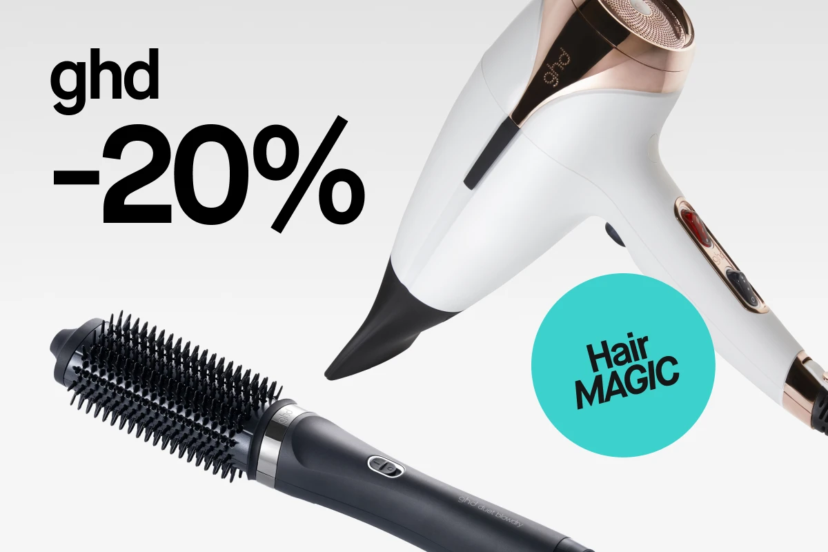 ghd -20% Hair Magic. Kuvassa ghd hiustenkuivaaja ja ghd muotoiluharja.