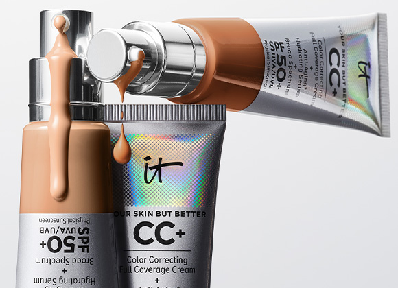 Tre CC-cream-produkter med SPF 50+ i snygga metallförpackningar med CC-cream som droppar från pumparna.
