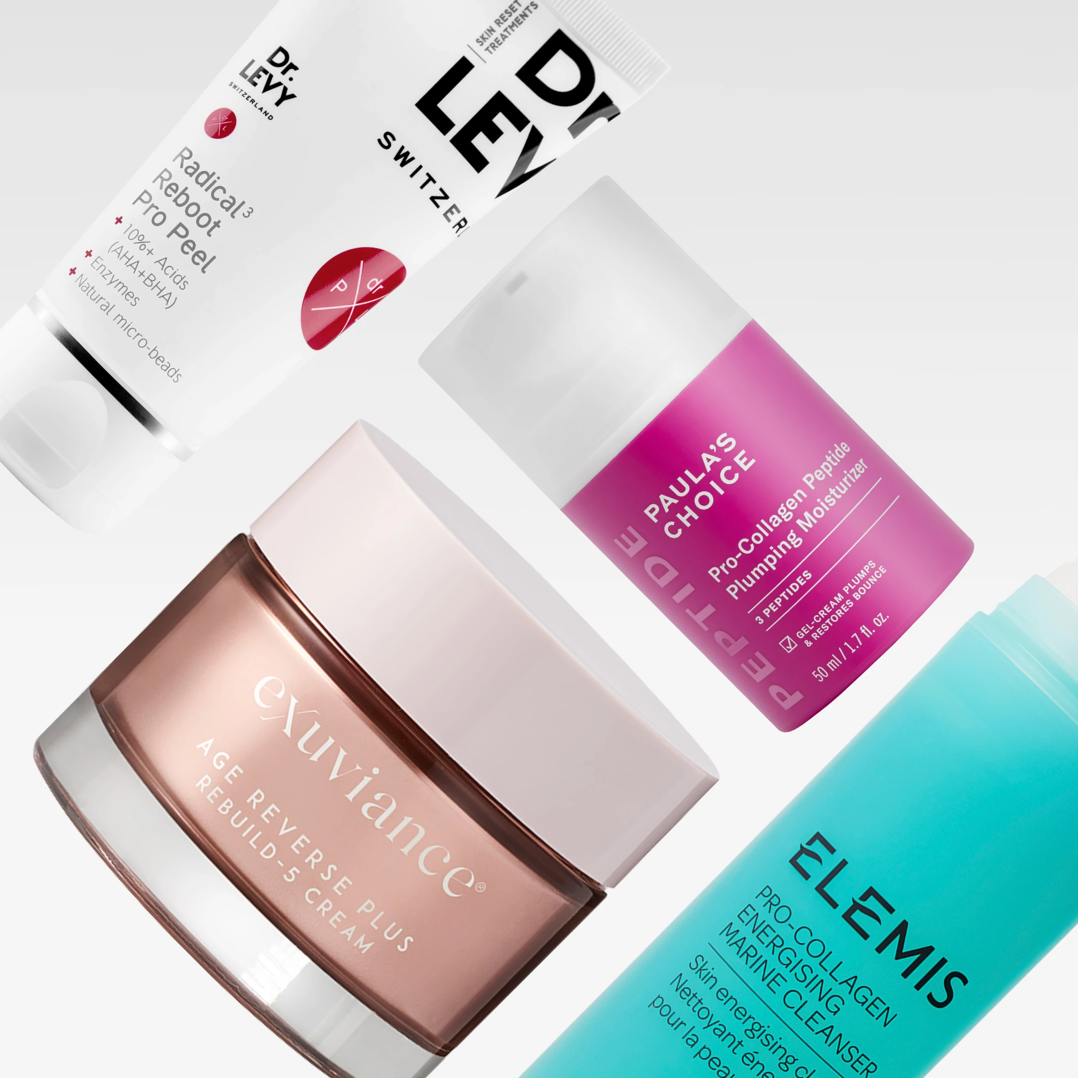 Dr. LEVY Switzerland-, exuviance-, Paula’s Choice- ja ELEMIS-ihonhoitotuotteita vaaleanharmaata taustaa vasten. Näkyvä teksti sisältää “Radical3 Reboot Pro Peel”, “AGE REVERSE PLUS REBUILD-5 CREAM”, “Pro-Collagen Peptide Plumping Moisturizer” ja “PRO-COLLAGEN ENERGISING MARINE CLEANSER”.
