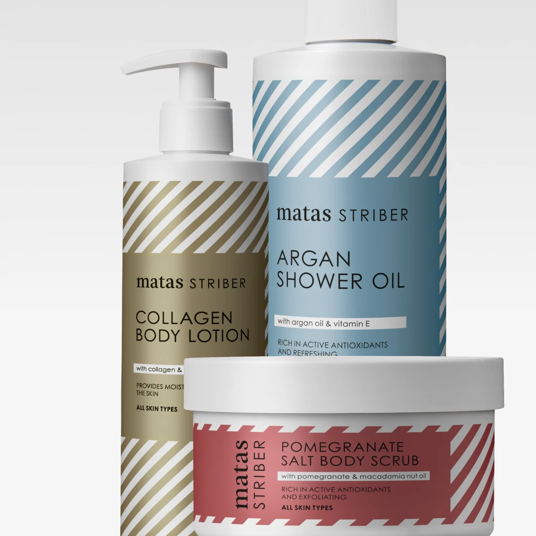 Matas Striber kroppsvård med Collagen Body Lotion with collagen & glycerin, Argan Shower Oil with argan oil & vitamin E och Pomegranate Salt Body Scrub with pomegranate & macadamia nut oil, rich in active antioxidants and exfoliating, all skin types.