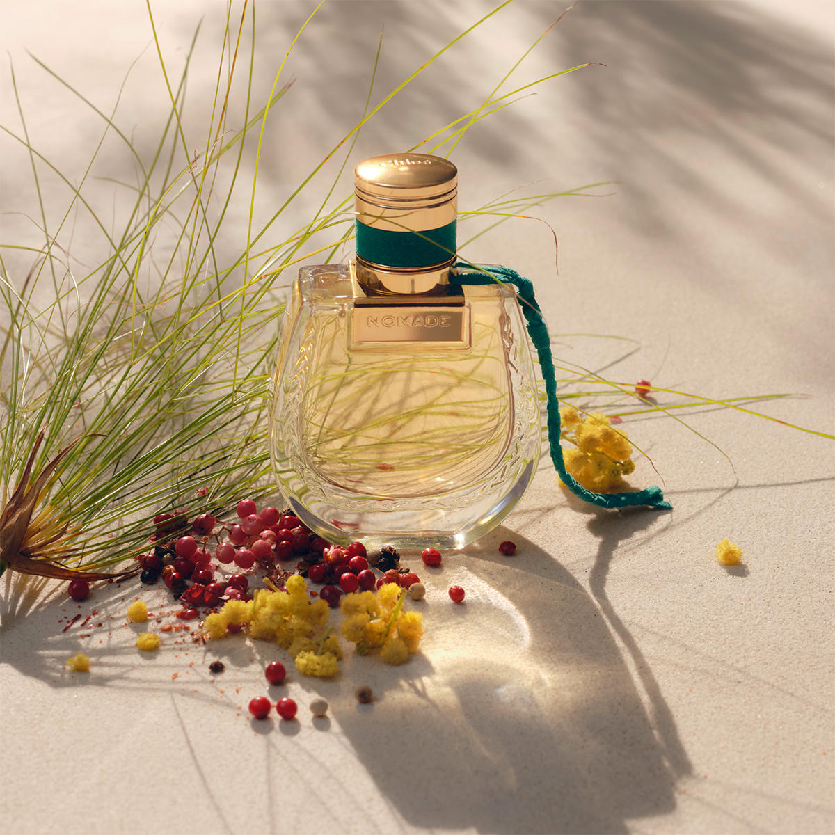 Chloé Nomade parfymflaska på sand omgiven av gräs, gula blommor och röda bär i solljus.