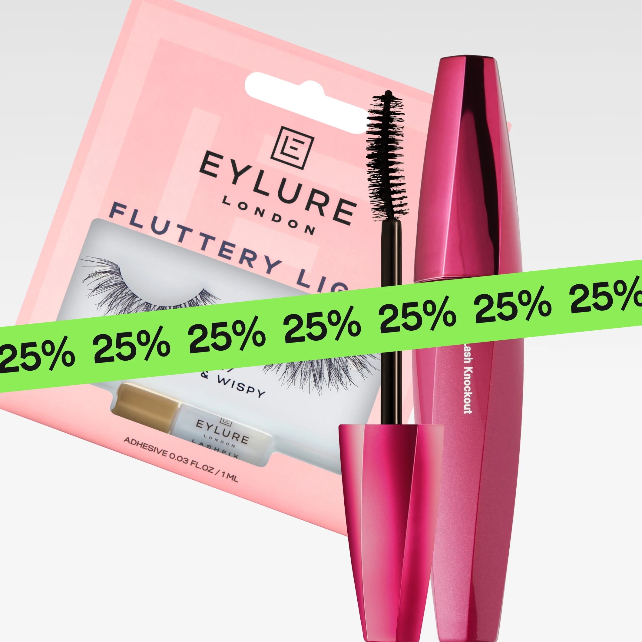 Produktbilde av “Eylure London Fluttery Light” løsvipper med teksten “No.117 Light & Wispy” og lim “Adhesive 0.03 fl oz / 1 ml” sammen med rosa mascara “d.j.v. Lash Knockout”, med en grønn “25%”-banner over.