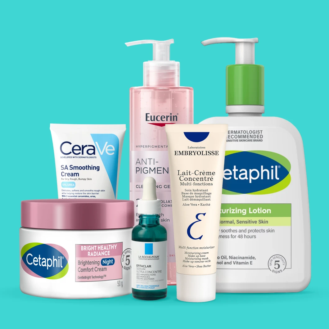 CeraVe Facial Moisturising Lotion SPF 30, La Roche-Posay Soothing Lotion, Cetaphil Moisturizing Lotion, Vichy Liftactiv Collagen Specialist 16 Day, La Roche-Posay Pure Vitamin C12 Serum og Eucerin Anti-Pigment Night Care vises mot en turkis bakgrunn. På emballasjen vises de respektive produktnavnene og varemerkene.