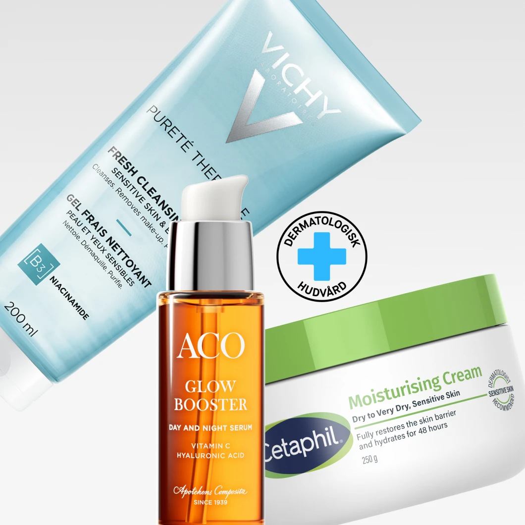 Dermatologisk hudvård med Vichy Pureté Thermale Fresh Cleansing Gel för känslig hud, ACO Glow Booster Day and Night Serum med Vitamin C och Hyaluronic Acid samt Cetaphil Moisturising Cream för Dry to Very Dry, Sensitive Skin. Symbolen ”Dermatologisk hudvård” visas.