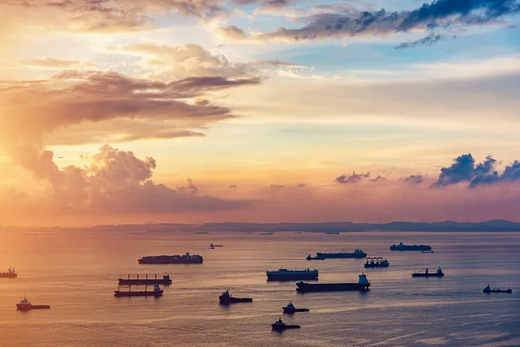 Aerial view of freight transportation ships in Asia