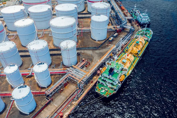 Aerial view of oil storage tank and pipeline steel