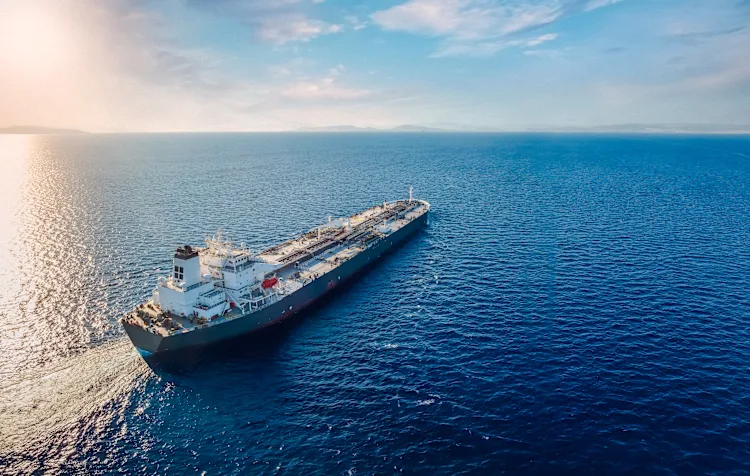 Aerial view of a large crude oil tanker traveling