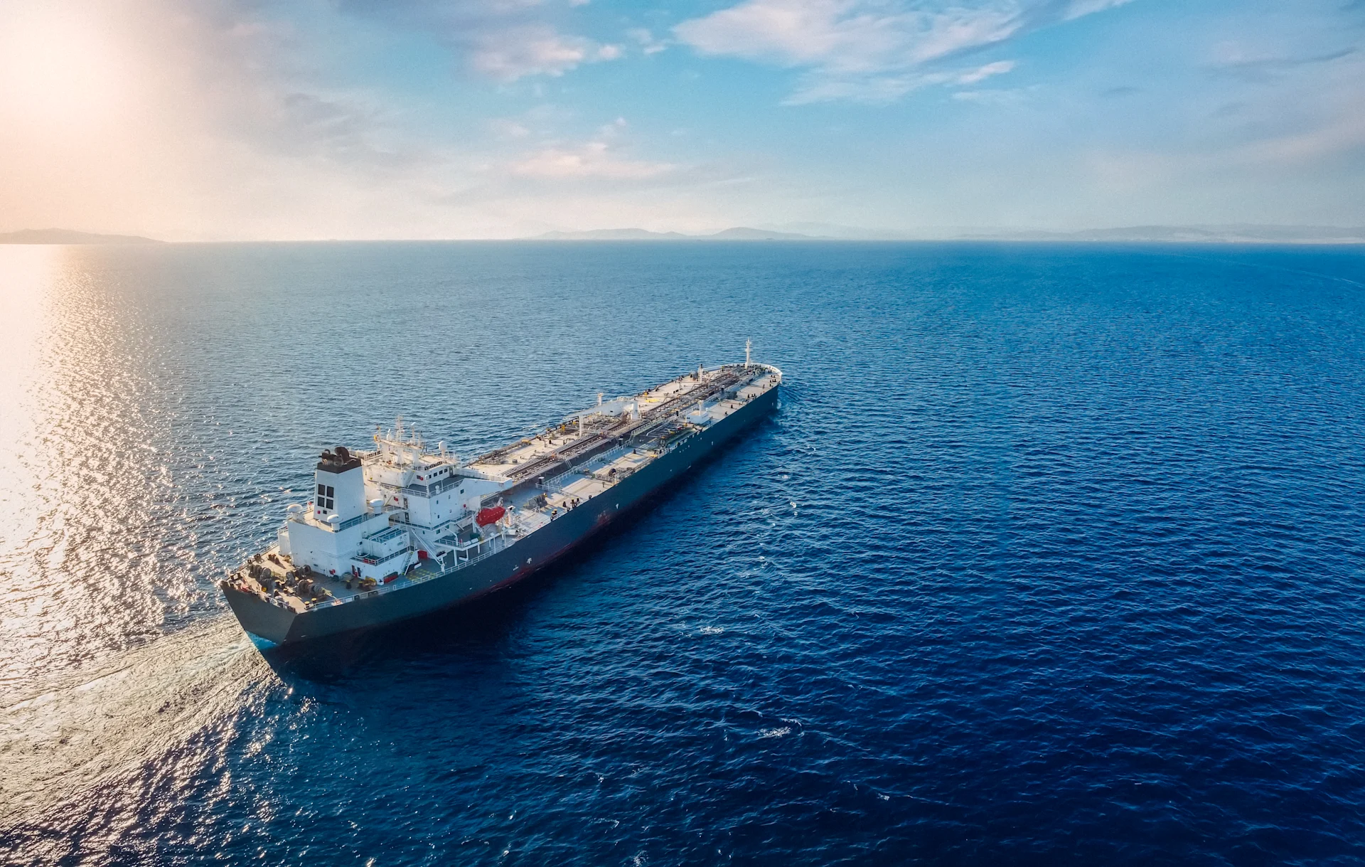 Aerial view of a large crude oil tanker traveling