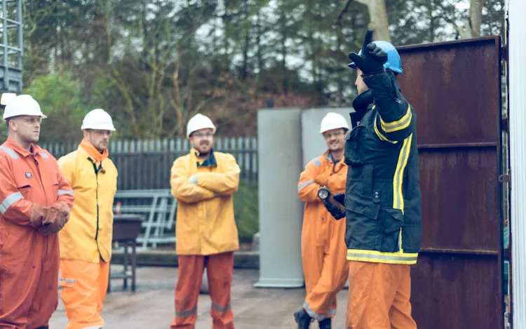 group of workers wearing safety gear, including hard hats and fire-resistant suits, gathered outdoors for a training session.