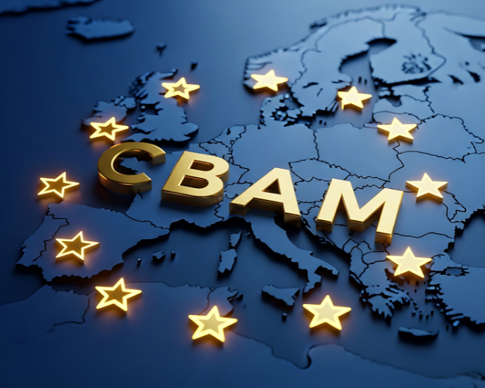 3D-Darstellung einer Europakarte mit dem goldenen Schriftzug „CBAM“ und leuchtenden Sternen als Symbol für die EU-Regulierung.