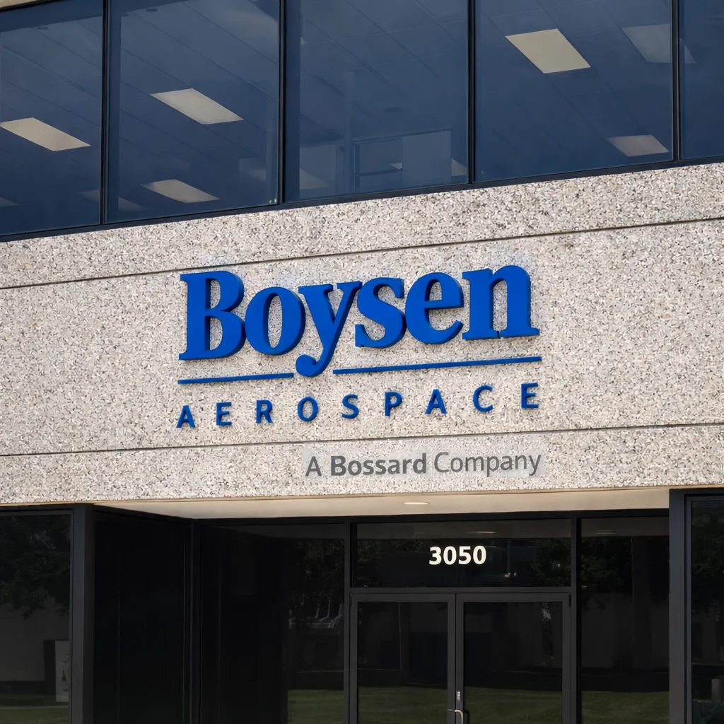 The building entrace with logo of Boysen Aerospace US