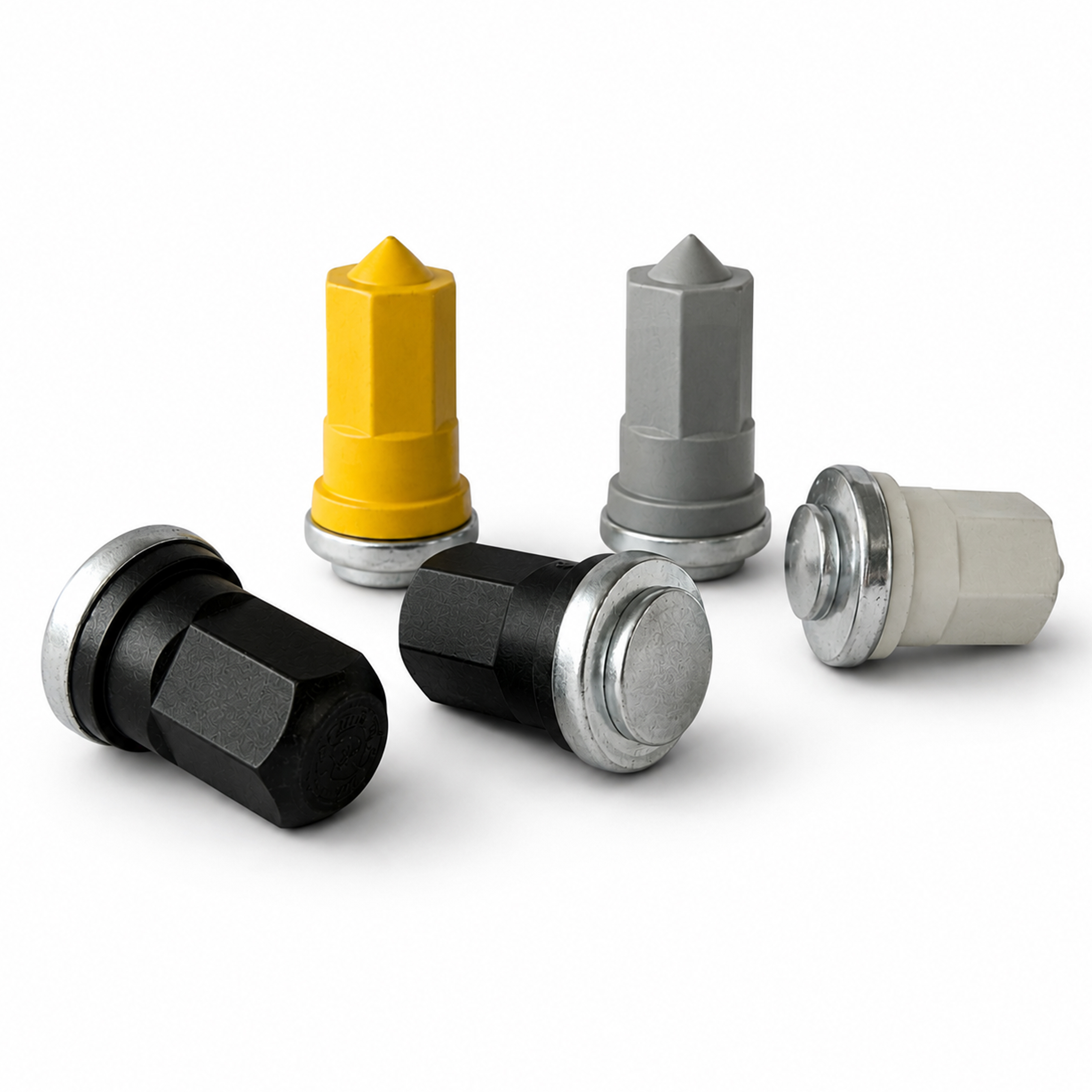 Different types of Tucker grounding studs with black, yellow and grey plastic caps on white background.
