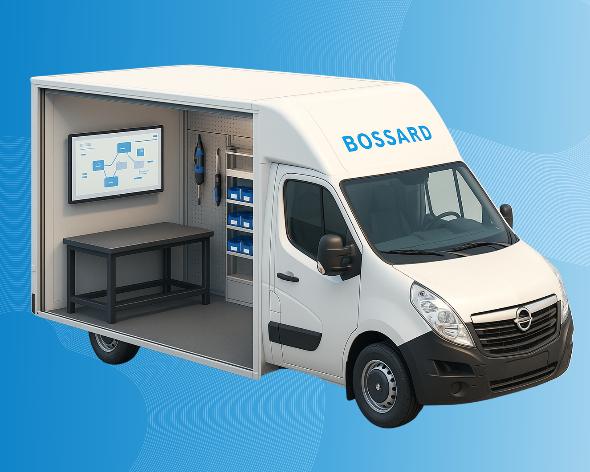 Bossard Transporter als mobiler Smart Factory Showroom mit digitalem Montagearbeitsplatz im Fahrzeugaufbau.