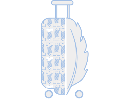 Suitcase with fasteners, combined with a feather symbol