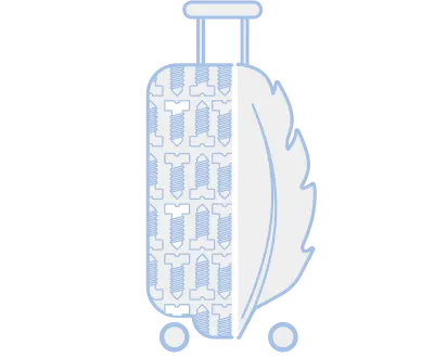 Suitcase with fasteners, combined with a feather symbol