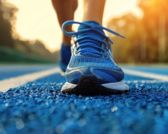 Nahaufnahme eines blauen Laufschuhs auf einer Laufbahn im Sonnenaufgang