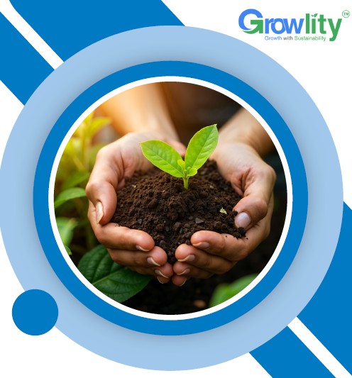 Hands holding soil with a small green plant, surrounded by blue circular design, with "Growlity" logo in the corner.