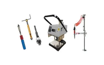 Various tools and devices for threaded inserts on a white background.