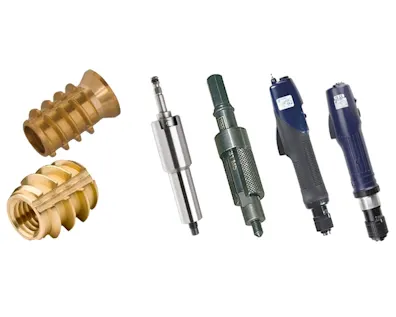 Tappex Foamsert Gewindeeinsätze aus Messing mit passenden Setzwerkzeugen.